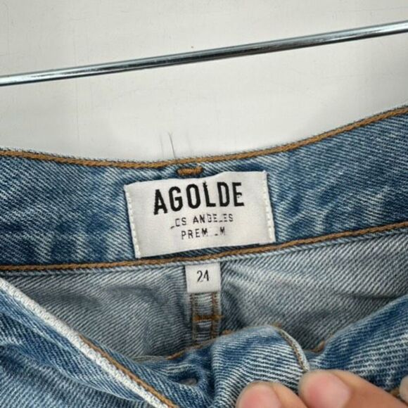 Agolde Distressed Straight Cropped Feel Good Jeans Blue Denim Light Wash Size 24 - Picture 4 of 14